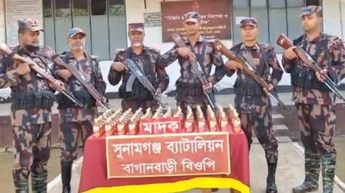 সুনামগঞ্জে ২৮ বিজিবির অভিযানে বিপুল পরিমাণ ভারতীয় মদ আটক