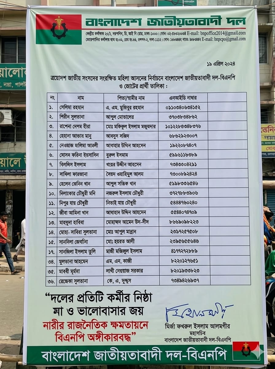 সংরক্ষিত নারী আসনে বিএনপির পূর্ণাঙ্গ তালিকা প্রকাশ